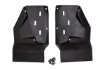 Pair of black Tusk front mud flaps shown isolated with mounting hardware