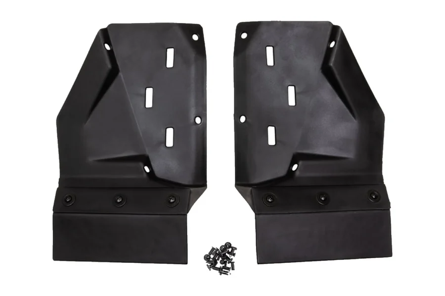 Pair of black Tusk front mud flaps shown isolated with mounting hardware