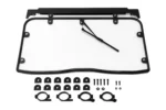 Tusk full view glass windshield with wiper and mounting hardware laid out on white