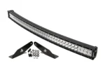 Tusk V2 curved dual-row LED light bar with mounting brackets and hardware on white